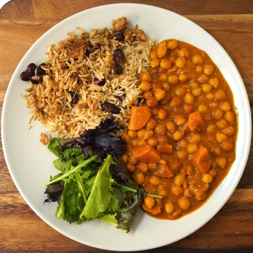 Chickpea & Sweet Potato Curry with Rice n Peas